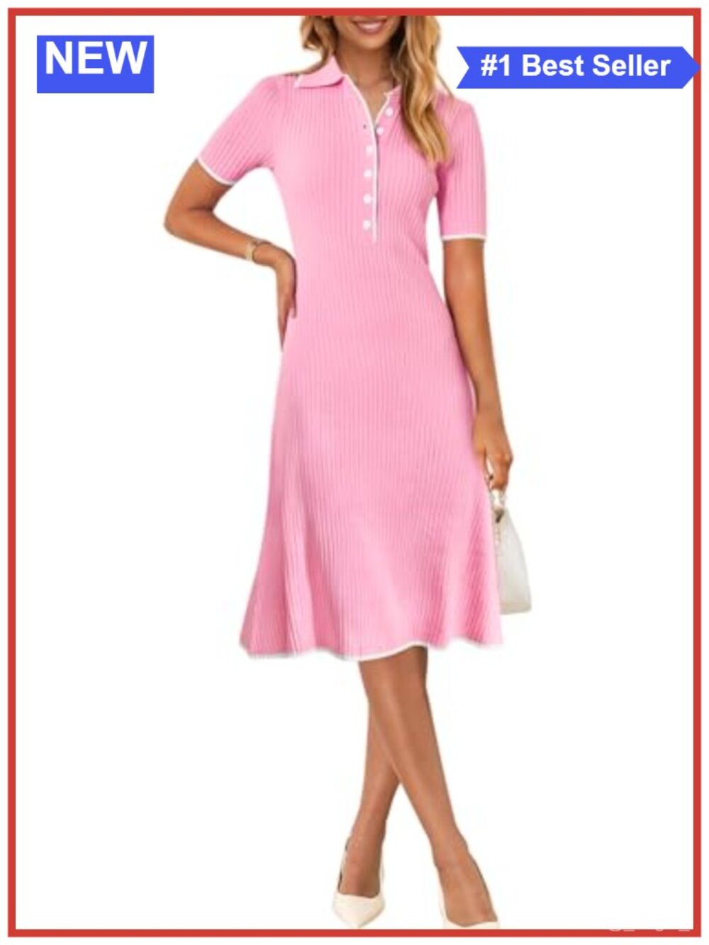 MEROKEETY Viscose Ribbed Knit V-Neck Midi Dress Short Sleeve Casual